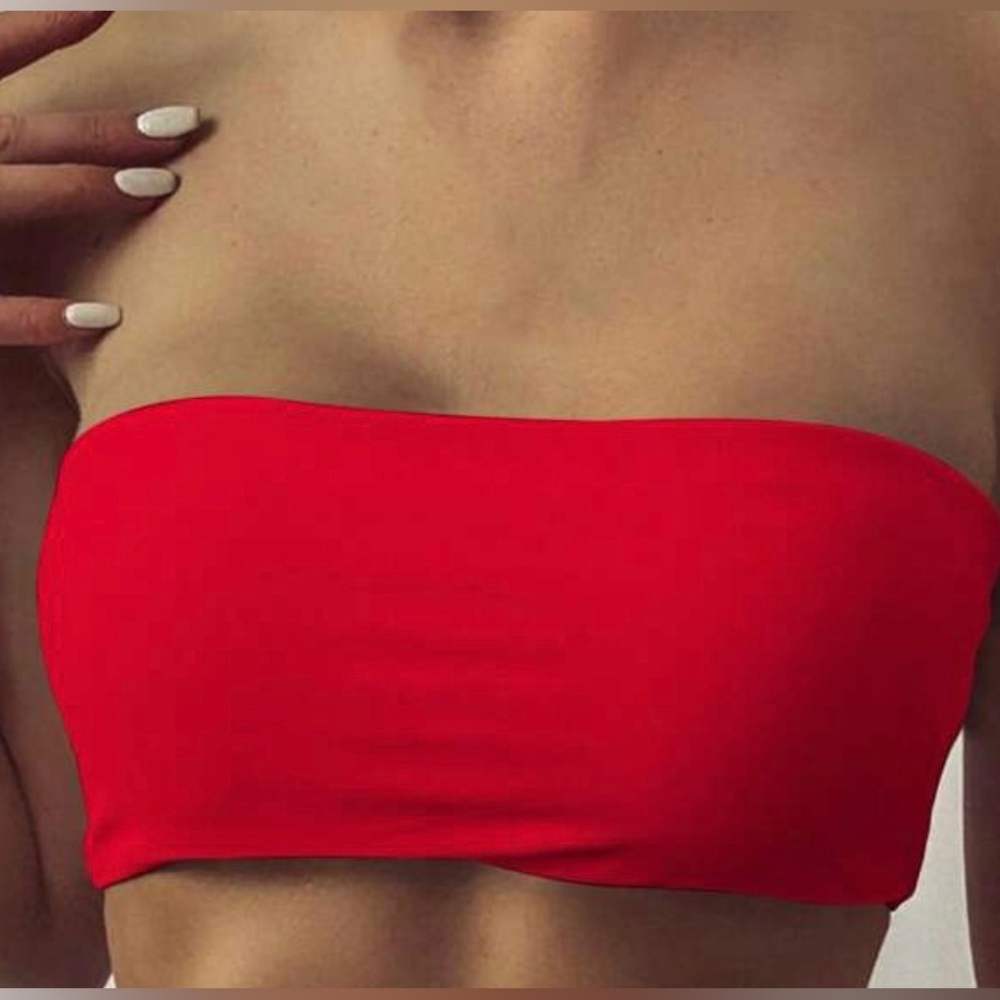 Shein Red Ribbed Strapless Bandeau Bikini Top, Beach Top, Size Small, Spandex